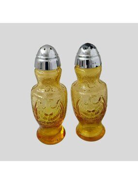 Kanawha Glowy Amber Glass Salt Pepper Shakers, Eagle, Chrome Tops, 1976 Bicenten